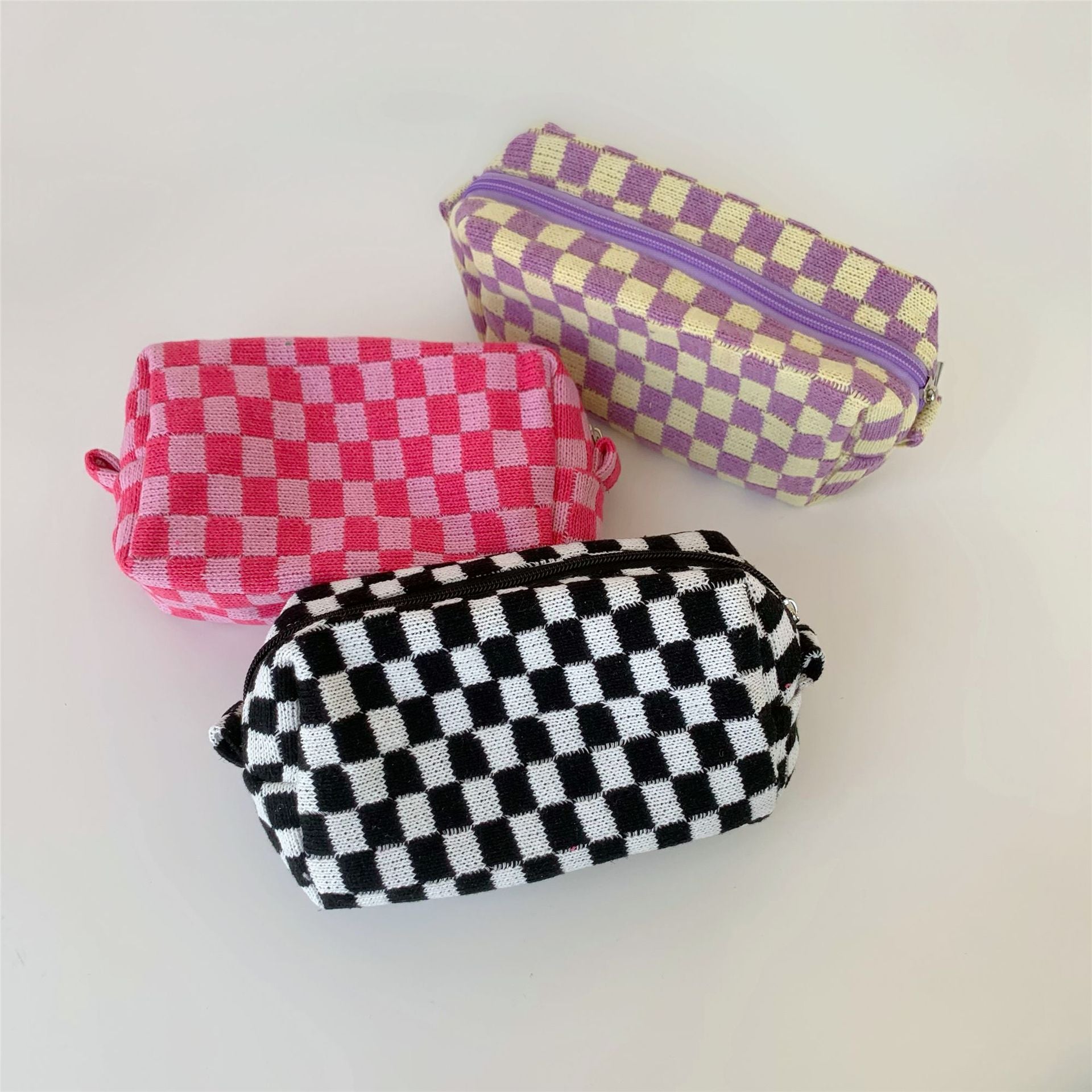 Wholesale Wool Checkerboard Knitted Storage Bag Large Capacity Toiletry Bag