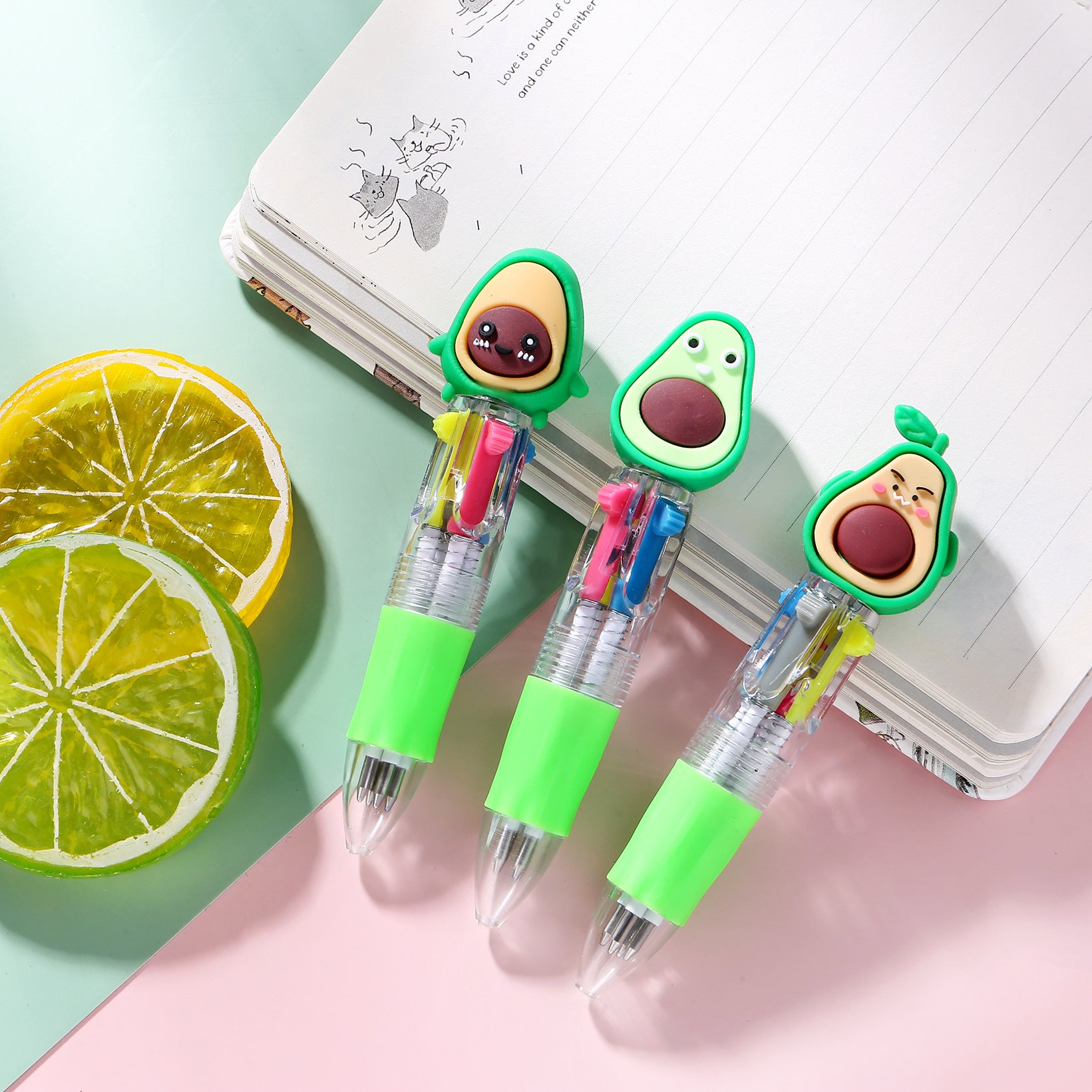Wholesale Cartoon Cute Head Color Pushing Mini Four Color Plastic Ballpoint Pen