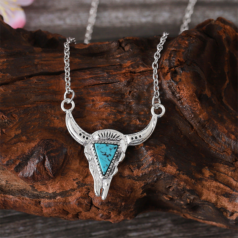 Wholesale Western Cowboy Style Bull Head Triangle Turquoise Earrings Necklace Set Fashion Retro Personality Necklaces