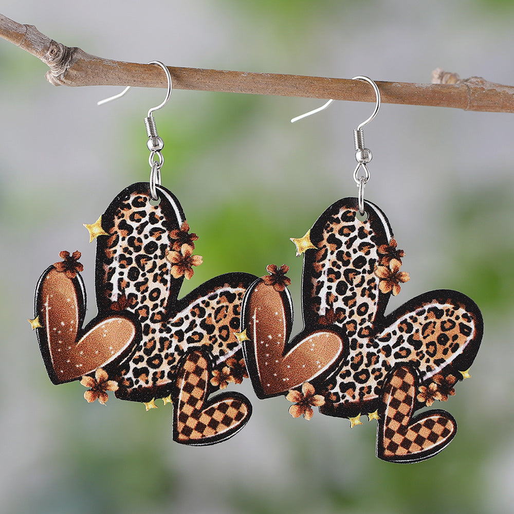 Wholesale Western style leopard print flower heart wooden double-sided earrings