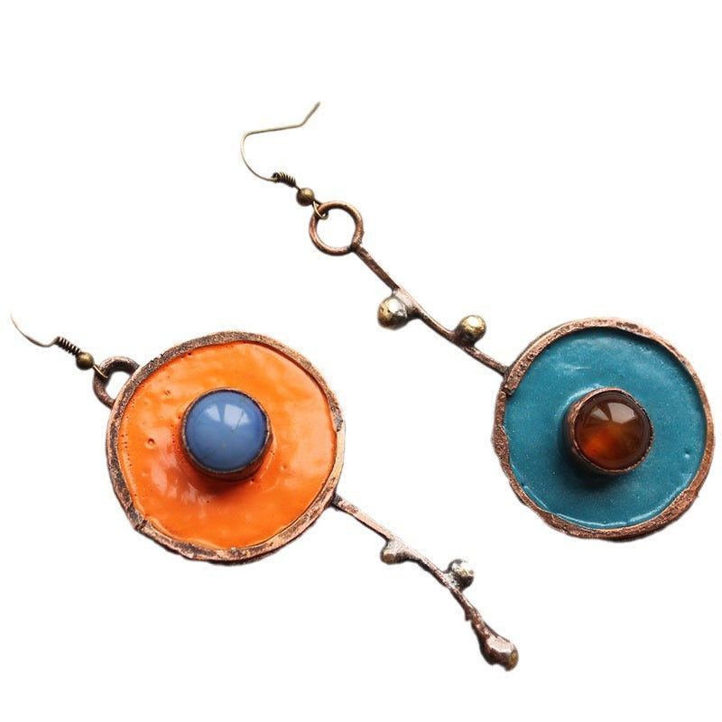 Wholesale Creative Asymmetrical Graffiti Antique Red Copper Artisan-made Diamond Earrings
