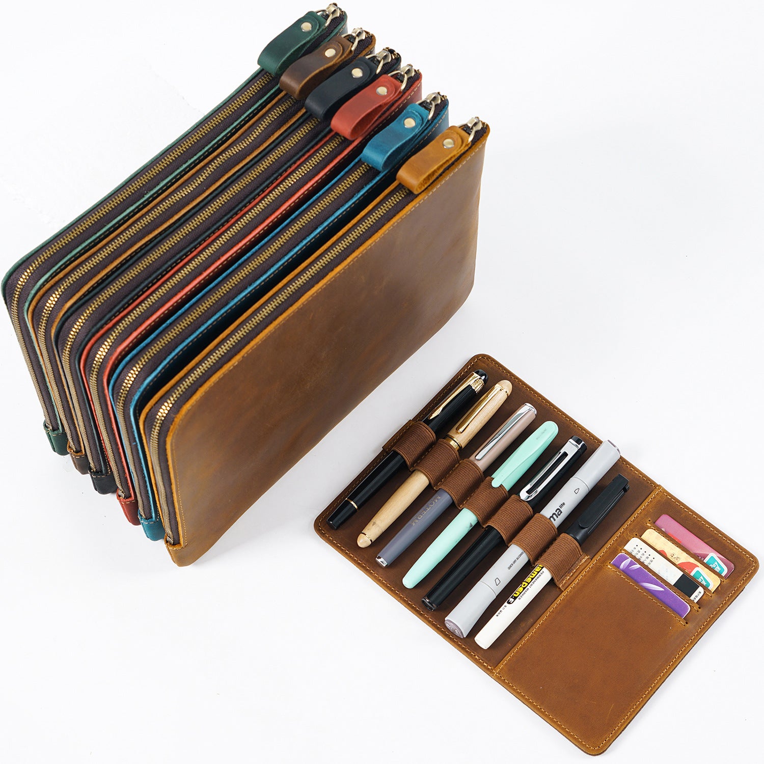 Wholesale Zipper Large Capacity Storage Crazy Horse Leather Pencil Case