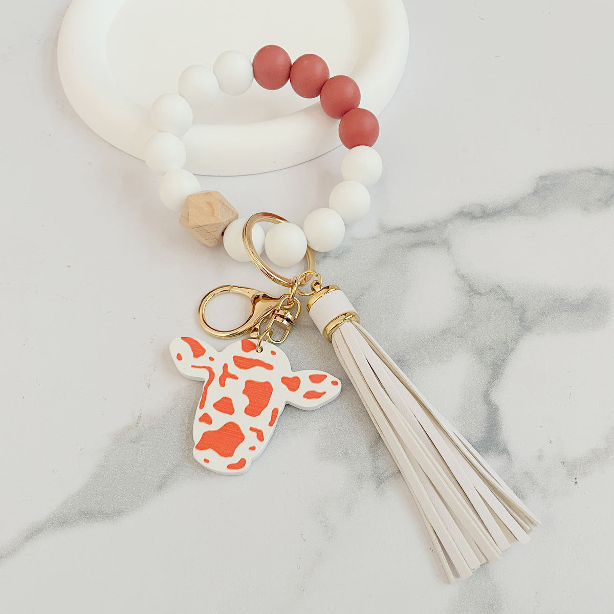 Wholesale Western Style Cow Head Colorful Silicone Beaded Wrist Keychain