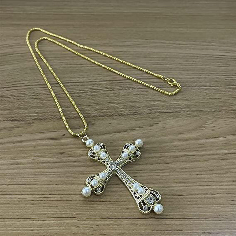 Wholesale Zircon Pearl Micro Inlay Cross Ladies Necklaces