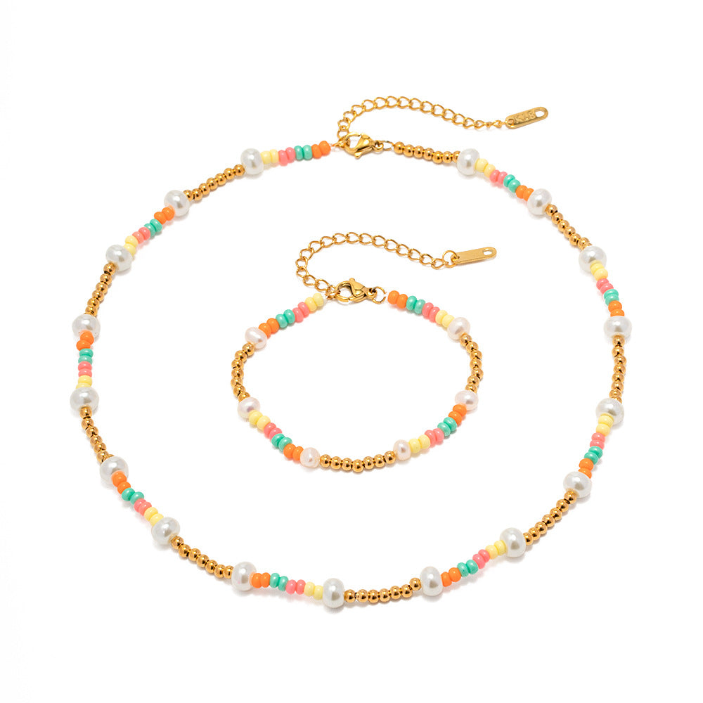Wholesale 18k Gold Stainless Steel Colorful Beads Glass Pearl Beading Necklaces