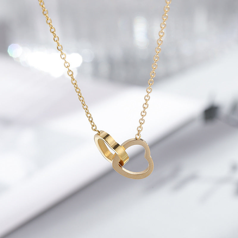 Wholesale Titanium Steel Gold Love Double Ring Necklace Clavicle Chain