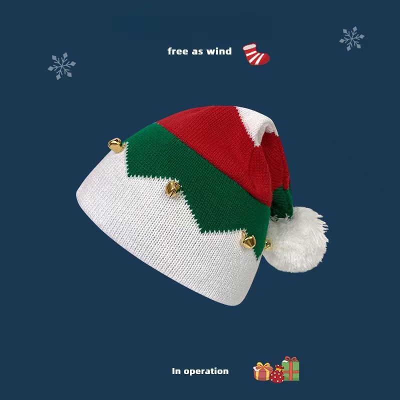 Wholesale Knitted Christmas hat with bells and pom-poms for winter