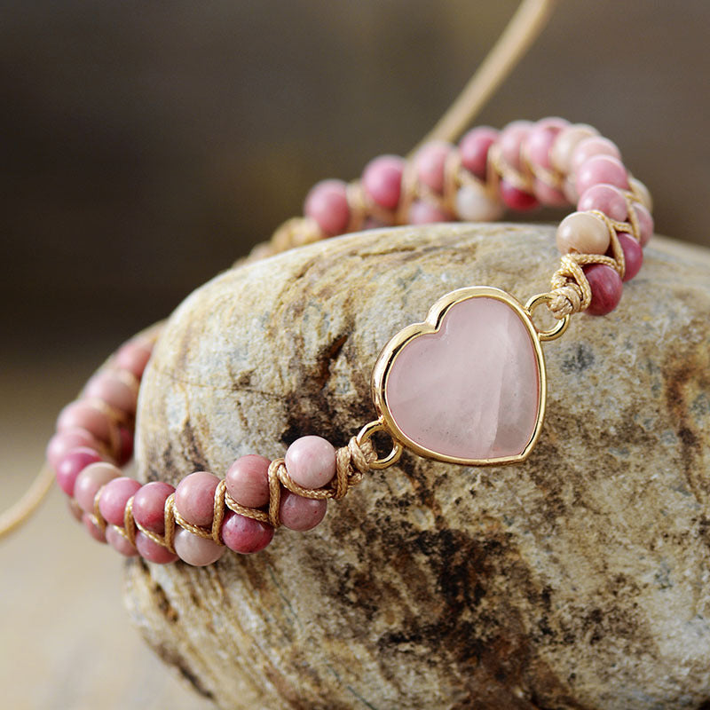 Wholesale Valentine's Day Heart Double Layer Natural Stone Handwoven Adjustable Bracelet