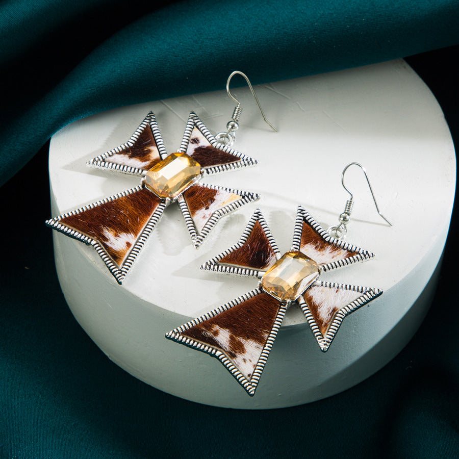 Wholesale Cross Alloy Inlaid Glass Diamond Leopard Print Leather Earrings