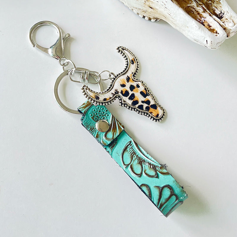Wholesale West leather green fur bull head multicolor western keychain