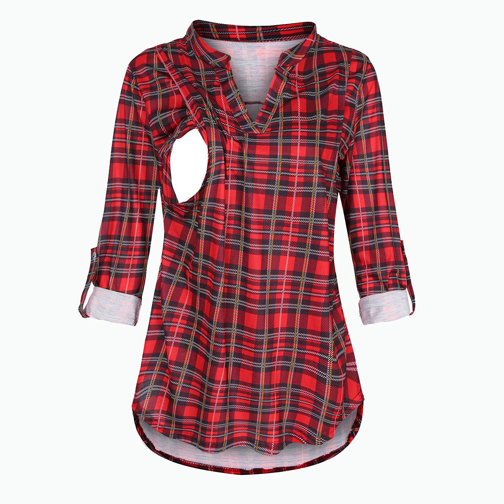 Wholesale Plaid Printed Nursing V-neck Polyester Long Sleeved Top