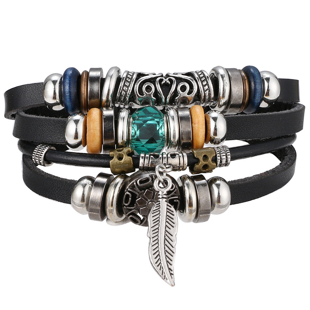 Wholesale Vintage Leaf Handwoven Multi-layer Leather Bracelet