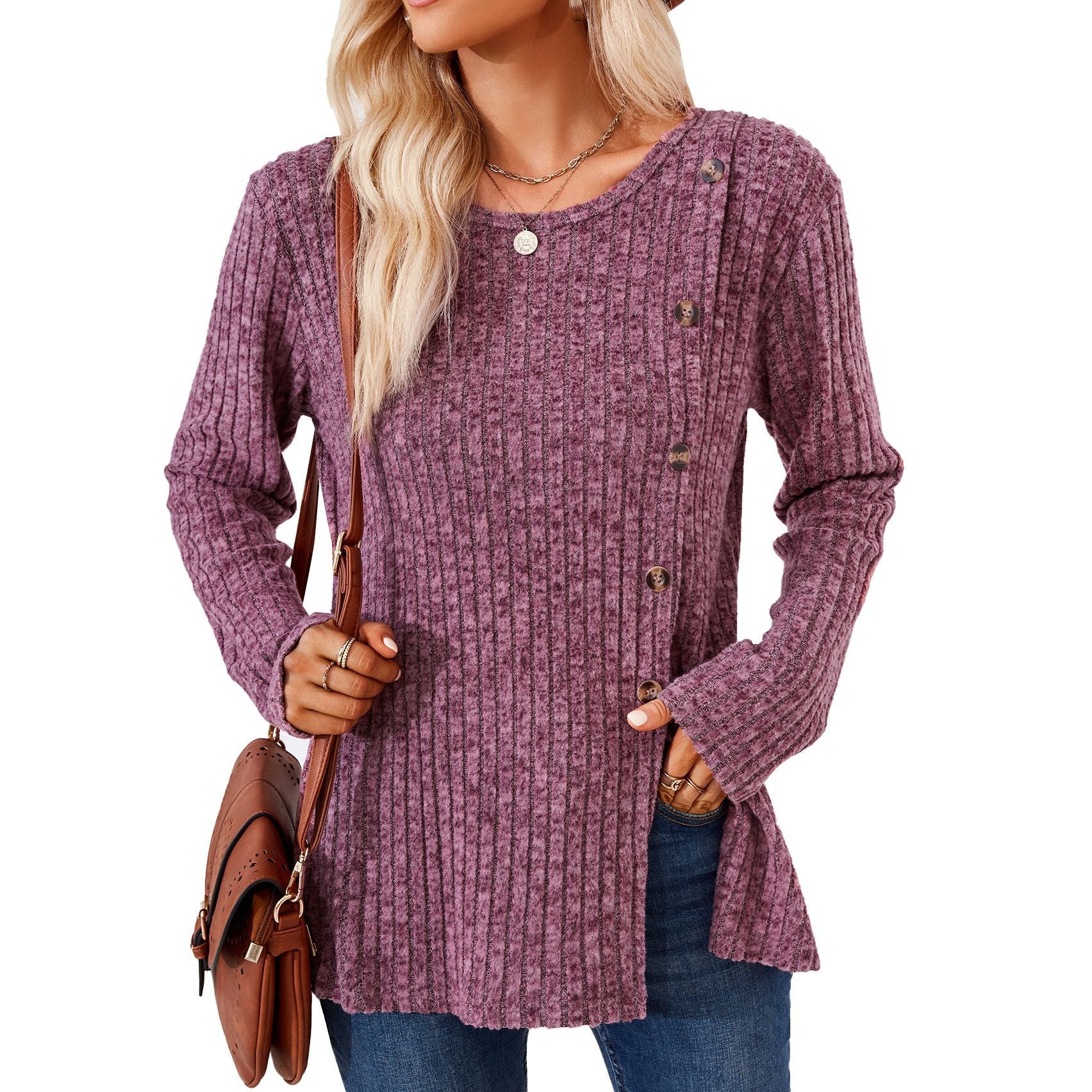 Wholesale Autumn and Winter Round Neck Solid Color Patchwork Button Long Sleeve Loose T-shirt