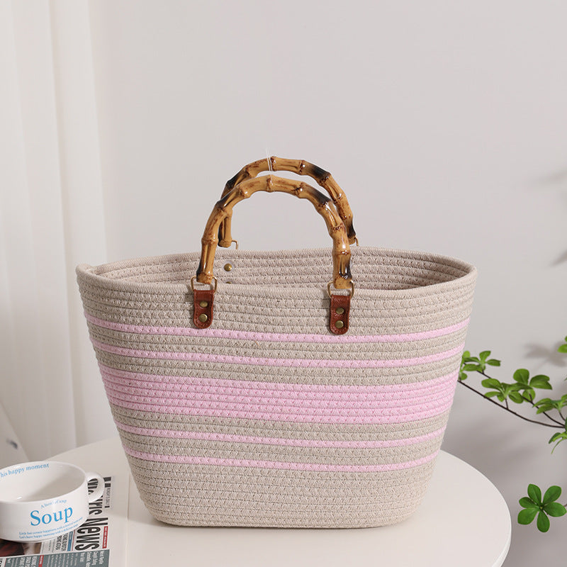 Wholesale Bamboo-like French Retro Straw Bag Portable Striped Large-capacity Cotton Woven Bag