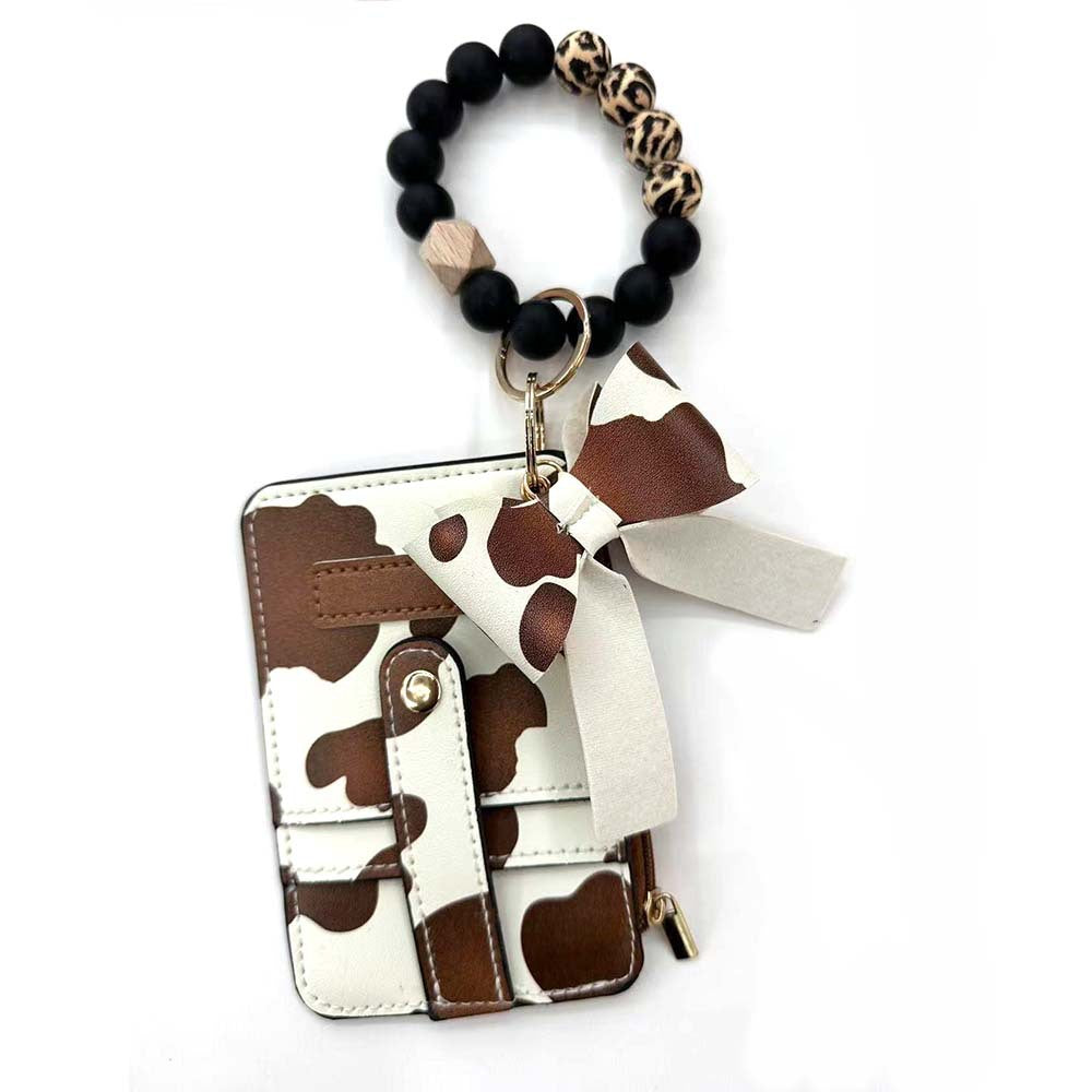 Wholesale  silicone keychain leather tassel printedwooden bead card holder bow key ring bracelet