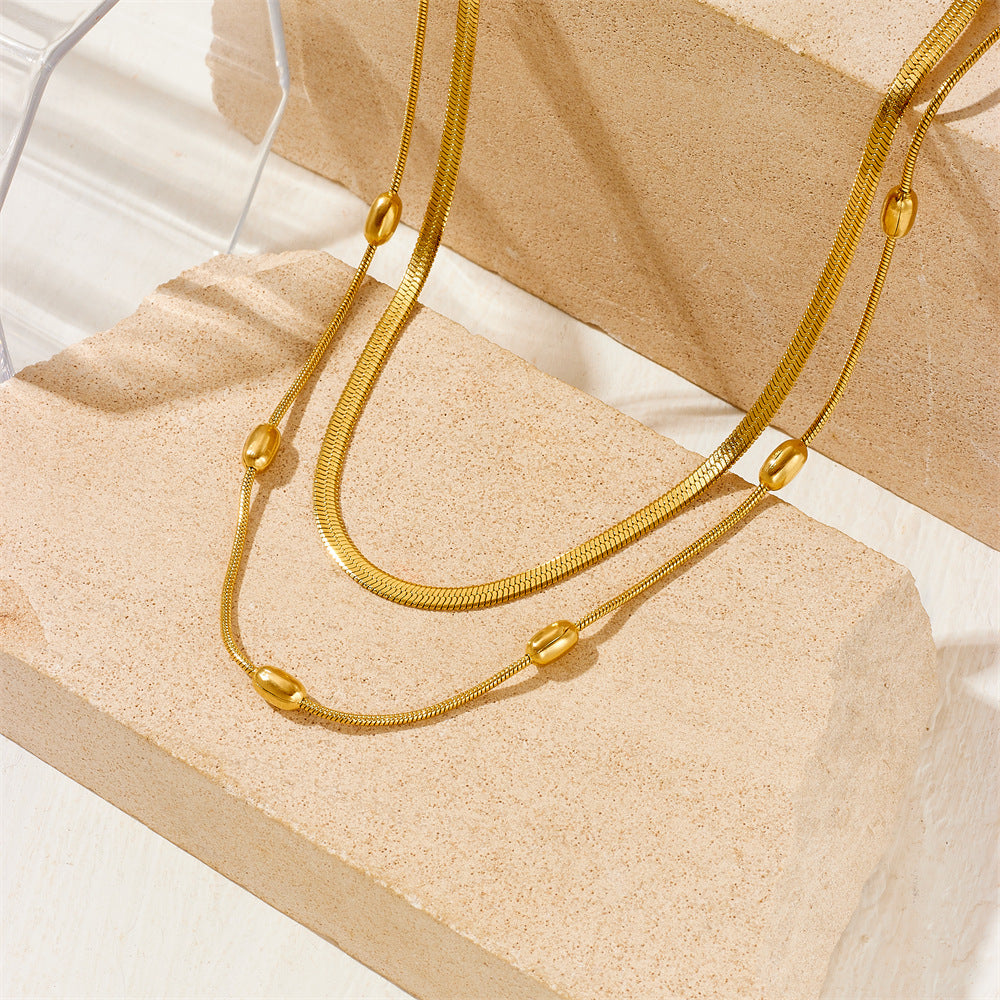 Wholesale Rice Grain Bead Blade Chain Double Layer Stacked Titanium Steel Necklace