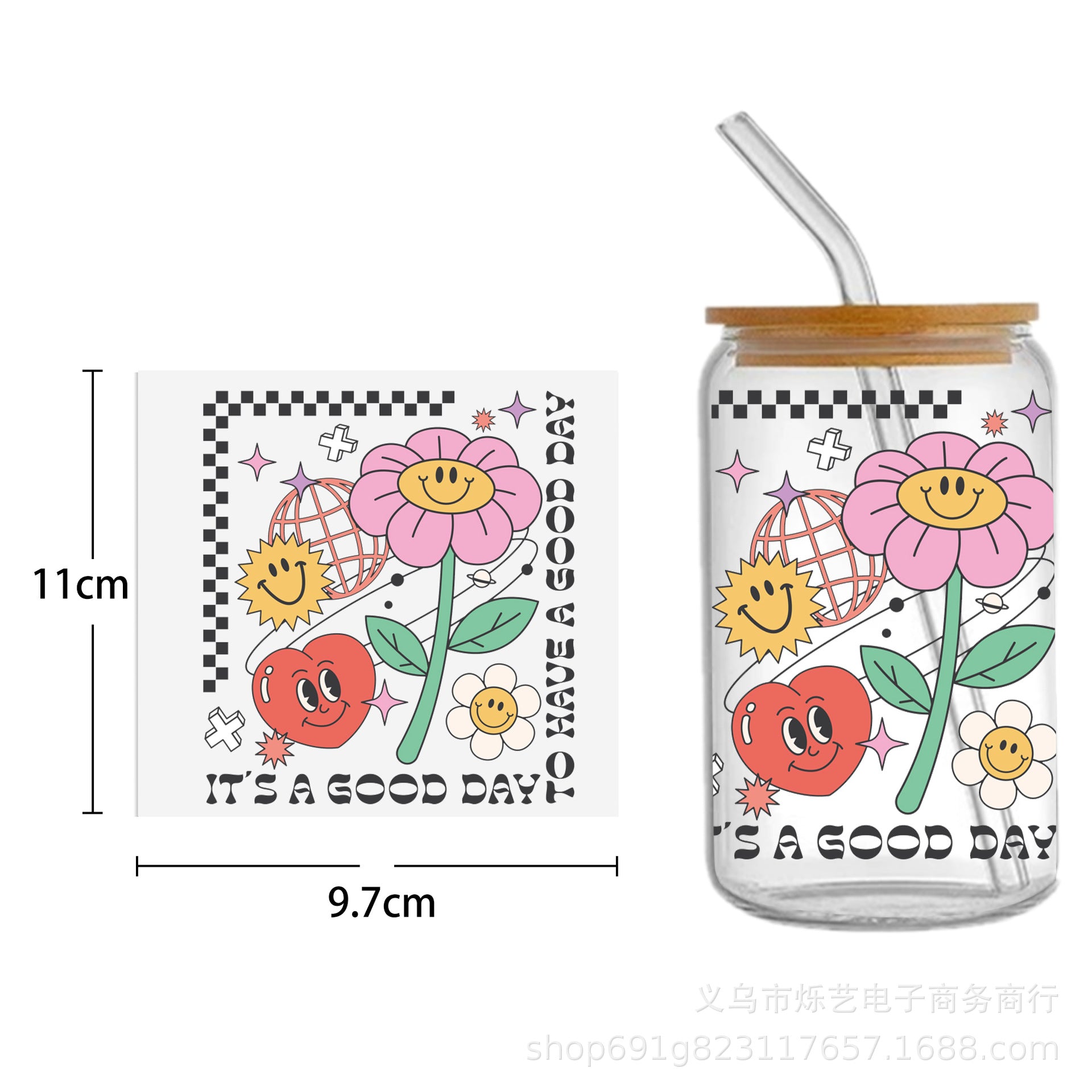 Wholesale Cute Smiley Flower Series Printing UV DTF Transfer Crystal Cup Sticker