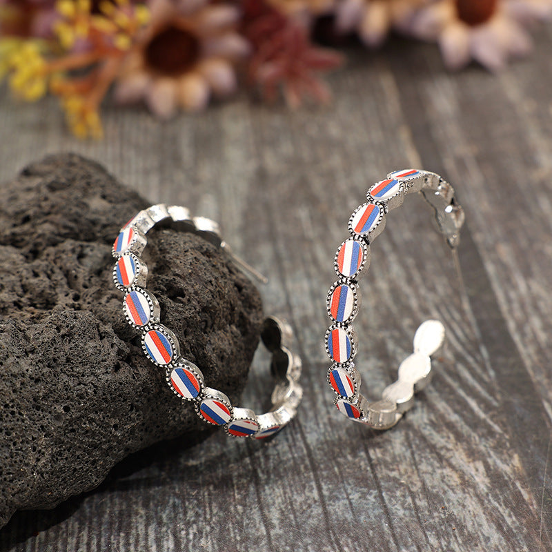 Wholesale C-shaped acrylic blue white  and red striped alloy vintage earrings