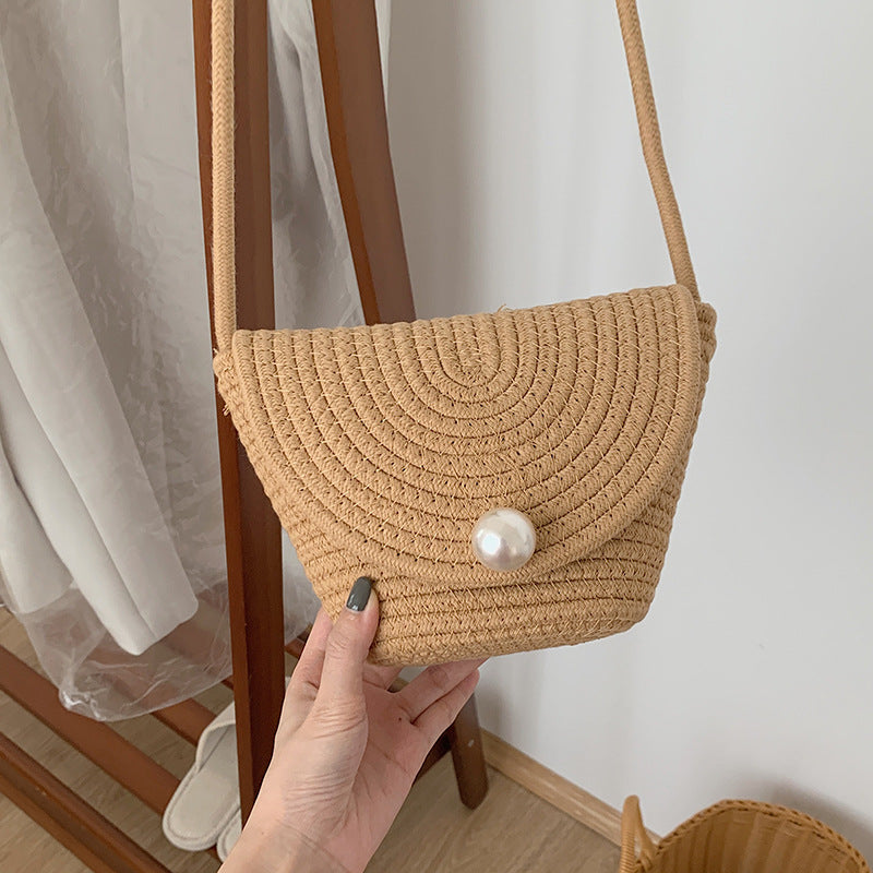 Wholesale Slung Bright Imitation Pearl Flip Cotton Woven Bag Holiday Beach Bag