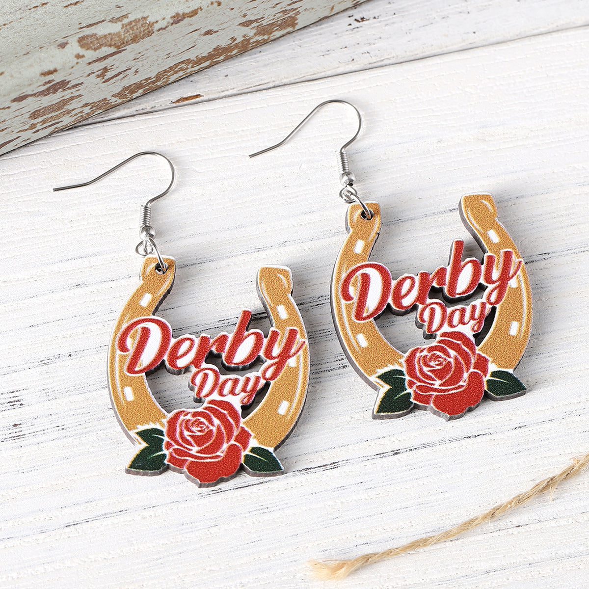 Wholesale Western wind rose flower horseshoe racing wooden double-sided earrings