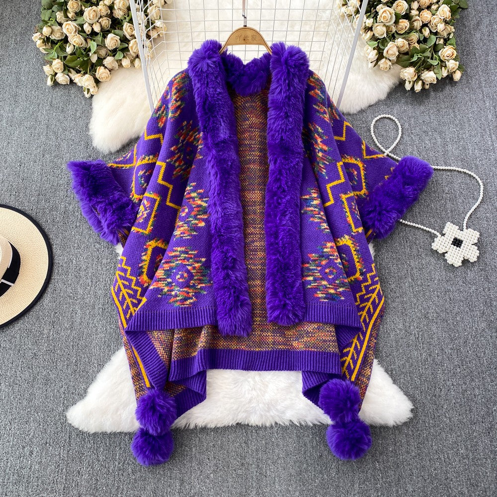 Wholesale Western Style Leopard Print Fur Collar Polyester Jacket Loose Mid-length Jacquard Knitted Cardigan