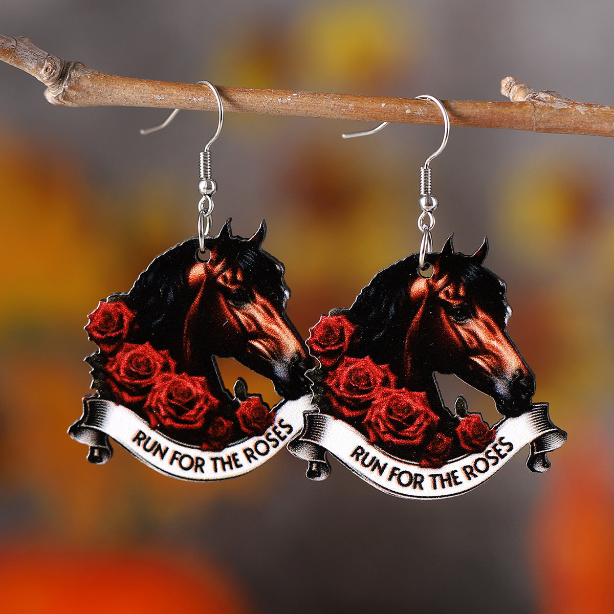 Wholesale Western wind rose flower horseshoe racing wooden double-sided earrings