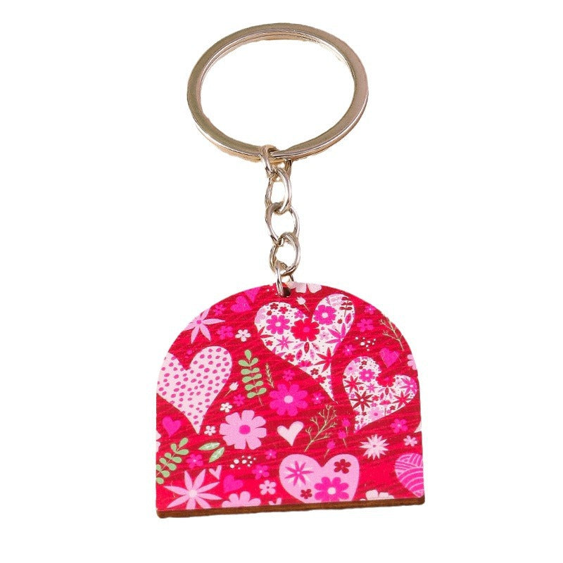 Wholesale Wooden Valentine's Day Rainbow Heart Pink Keychain