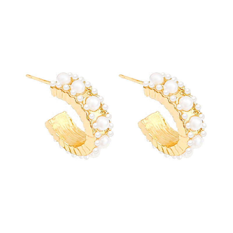 Wholesale French Style Vintage C Shape Pearl Alloy Earrings