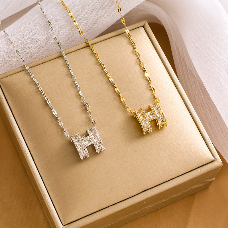 Wholesale Full Diamond Letter H Square Zircon Necklaces