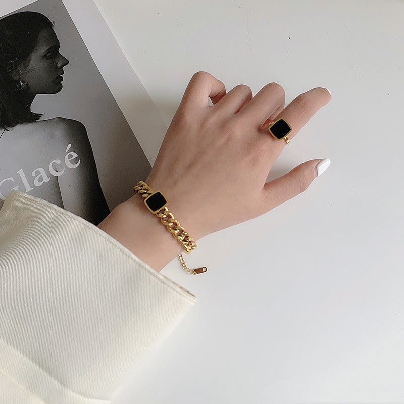 Wholesale Titanium Steel Thick Chain Black Square Bracelet