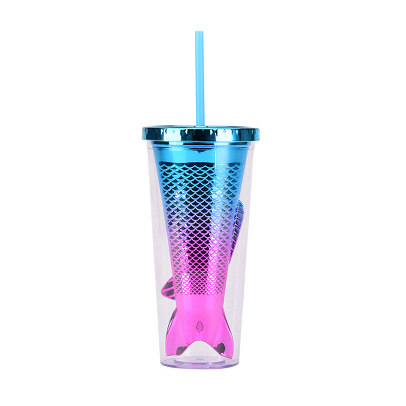 Wholesale Double-layer Plastic Cup Creative Gradient Mermaid Tail Colorful Sequin Straw Water Cup