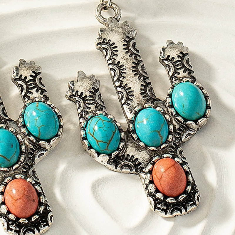 Wholesale Oval Turquoise Cactus Alloy Earrings