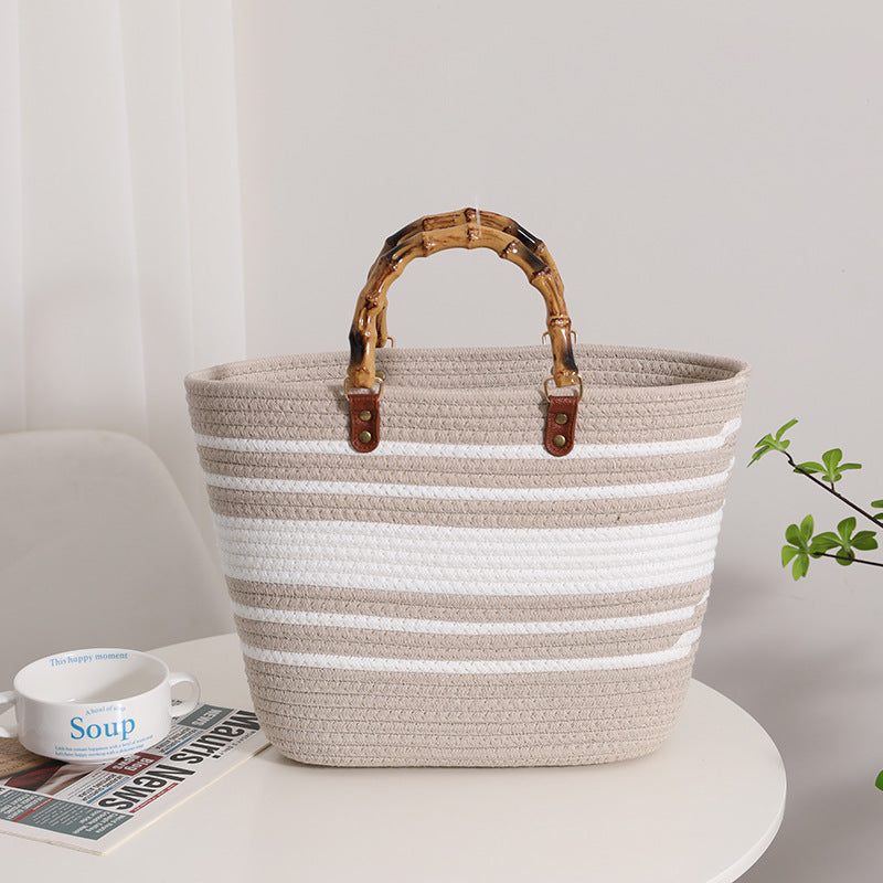 Wholesale Bamboo-like French Retro Straw Bag Portable Striped Large-capacity Cotton Woven Bag