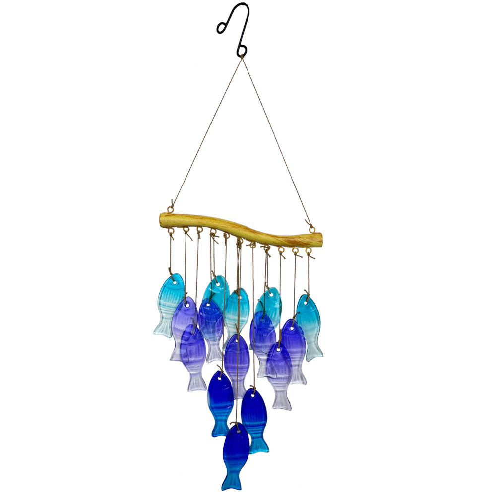 Wholesale Wind Chime Iron Art Hot Melt Colored Glass Fish Leaf Ornament