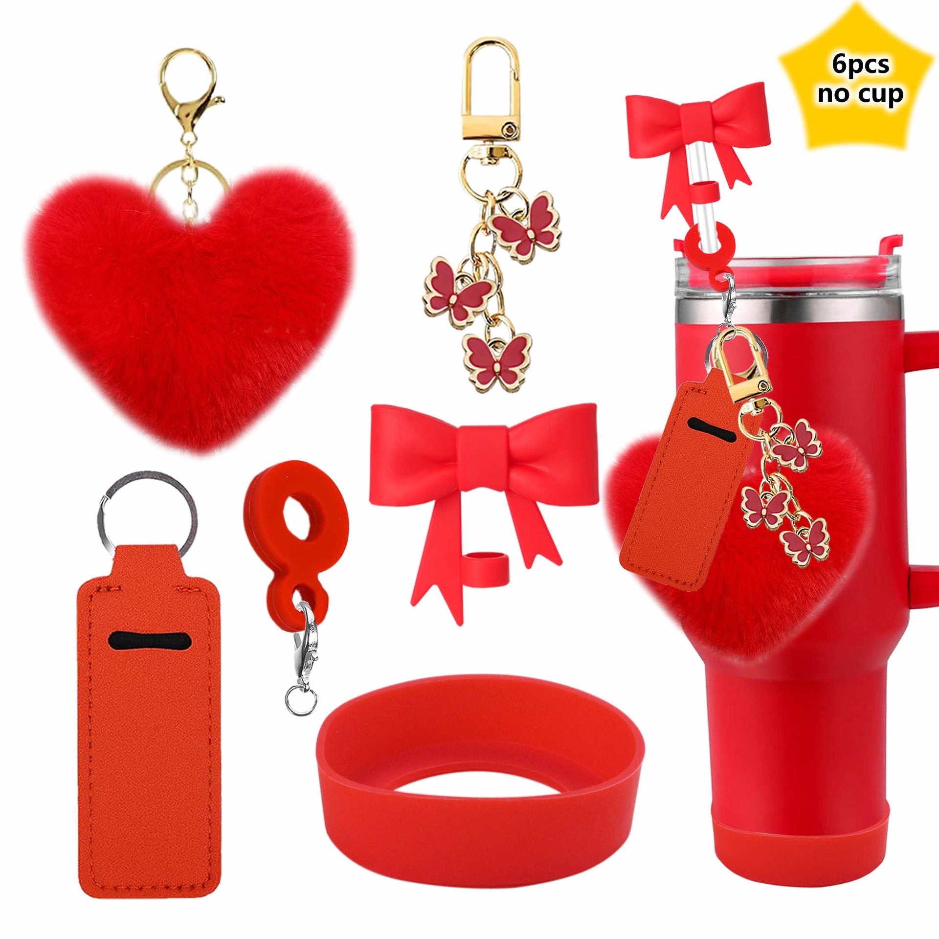 Wholesale Valentine's Day Love Hair Ball Pendant Silicone Cup Cover Bow Straw Plug Couple Heart-shaped Keychain