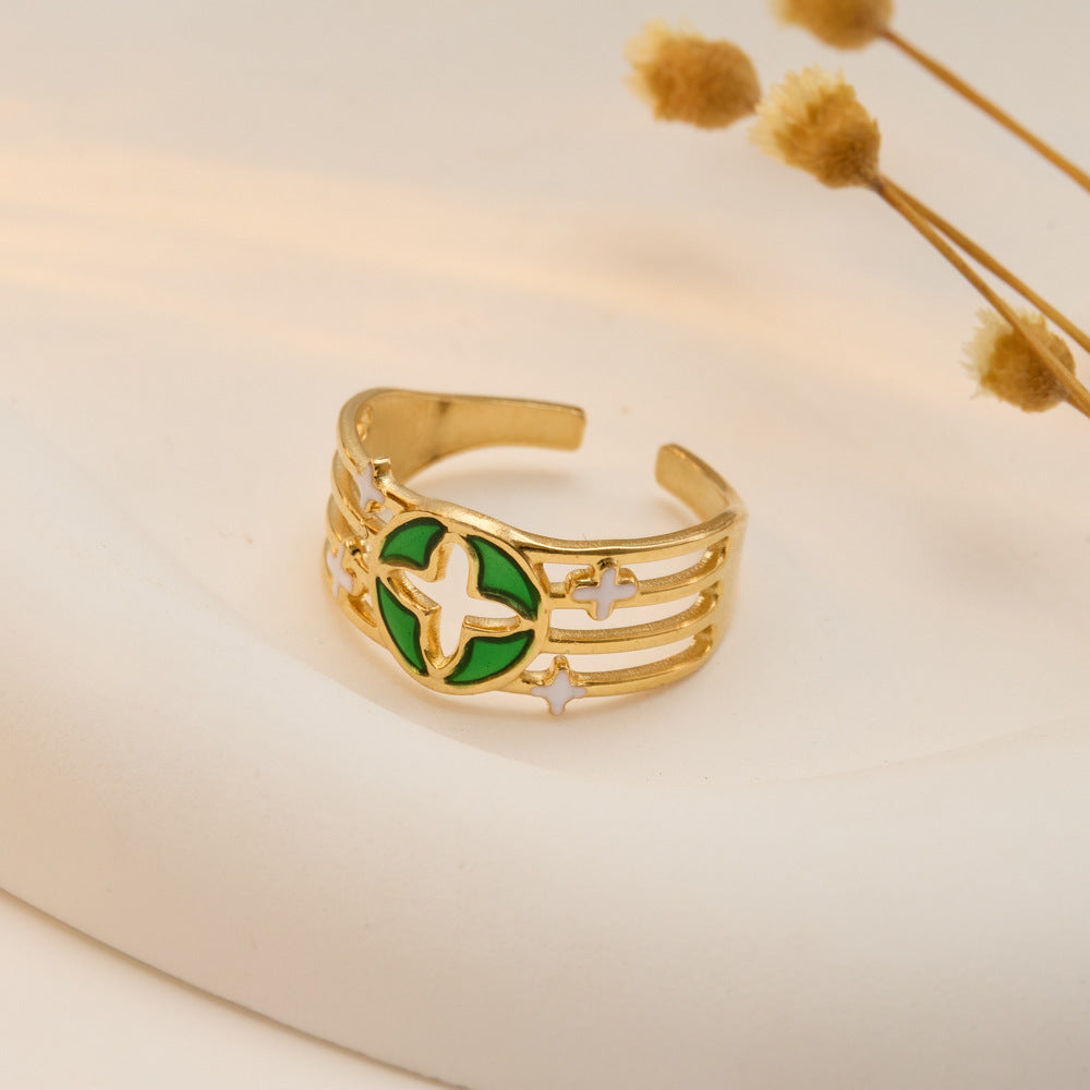 Wholesale Stainless Steel Gold Opening Four-leaf Clover Hollow Ring