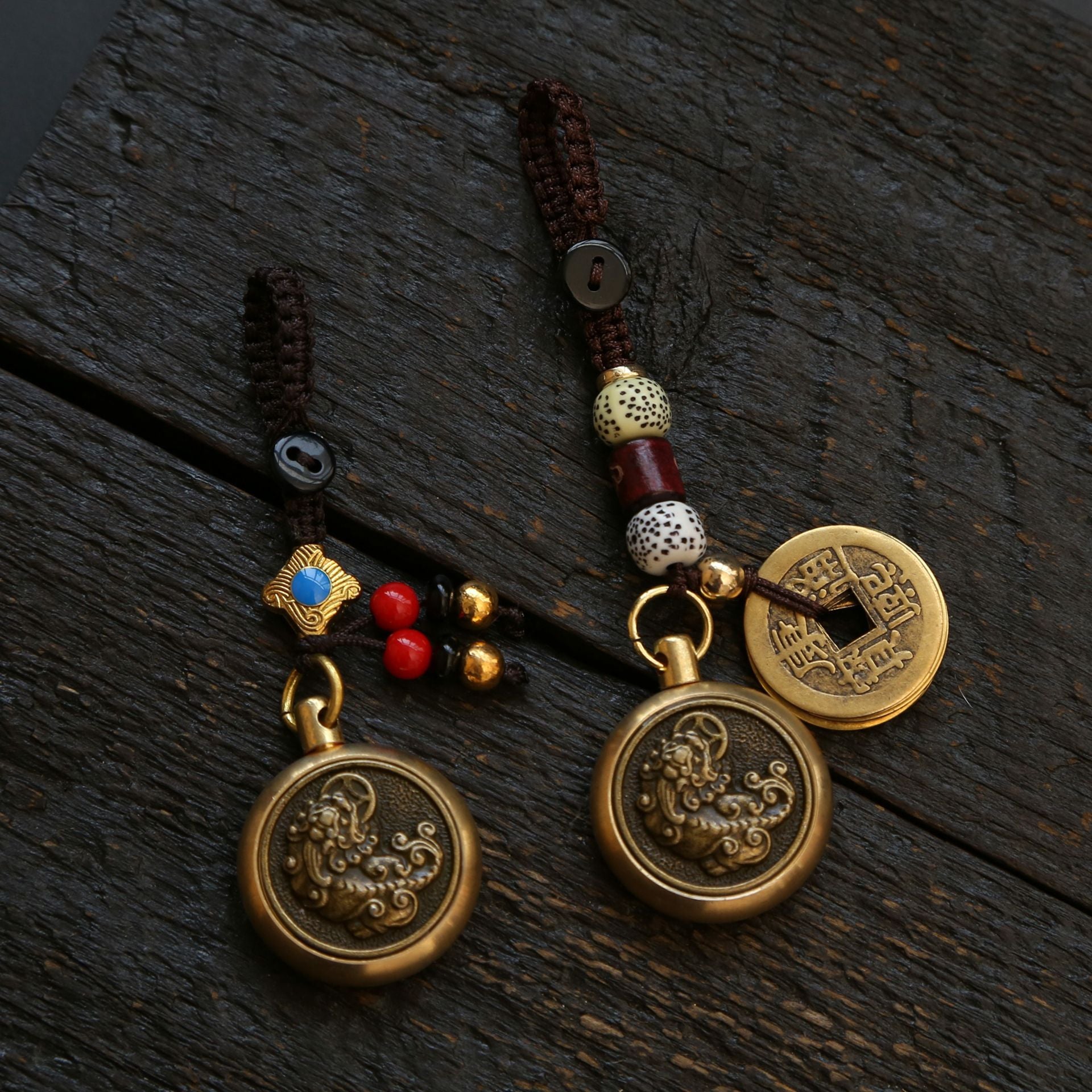 Wholesale Brass Pixiu Transfer to Five Emperors Money Weaving Rope Keychain