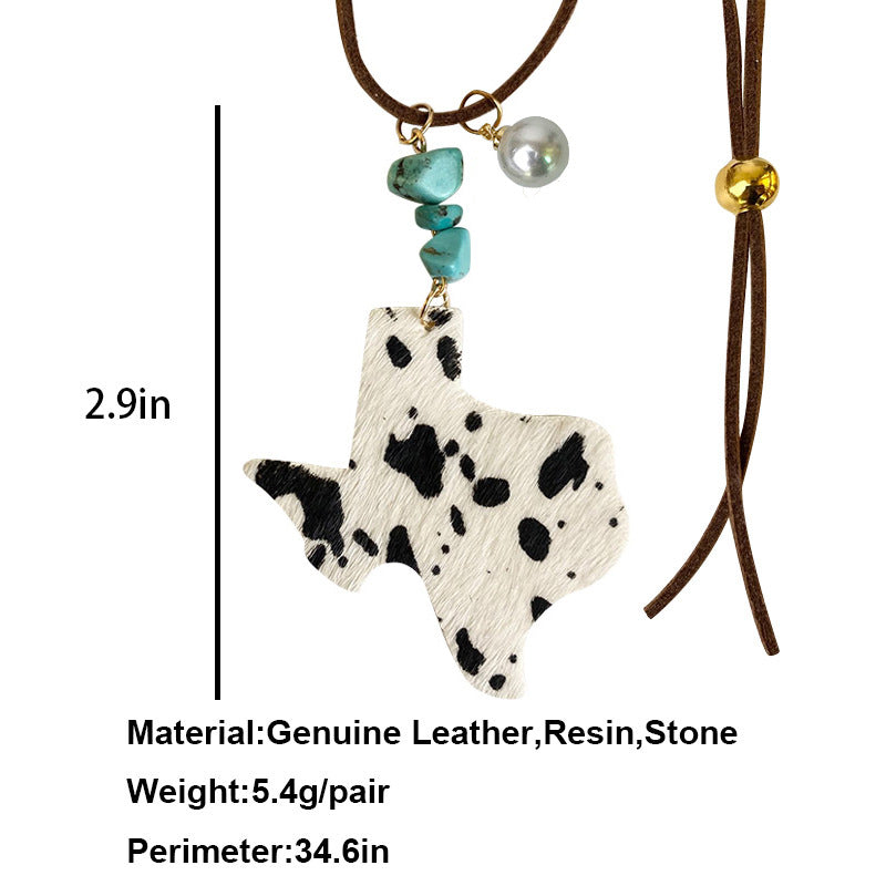 Wholesale 3pcs/pack Western Style Cow Pattern Cow Head Texas Map Leopard Print Turquoise Imitation Pearl Cowhide Leather Necklace