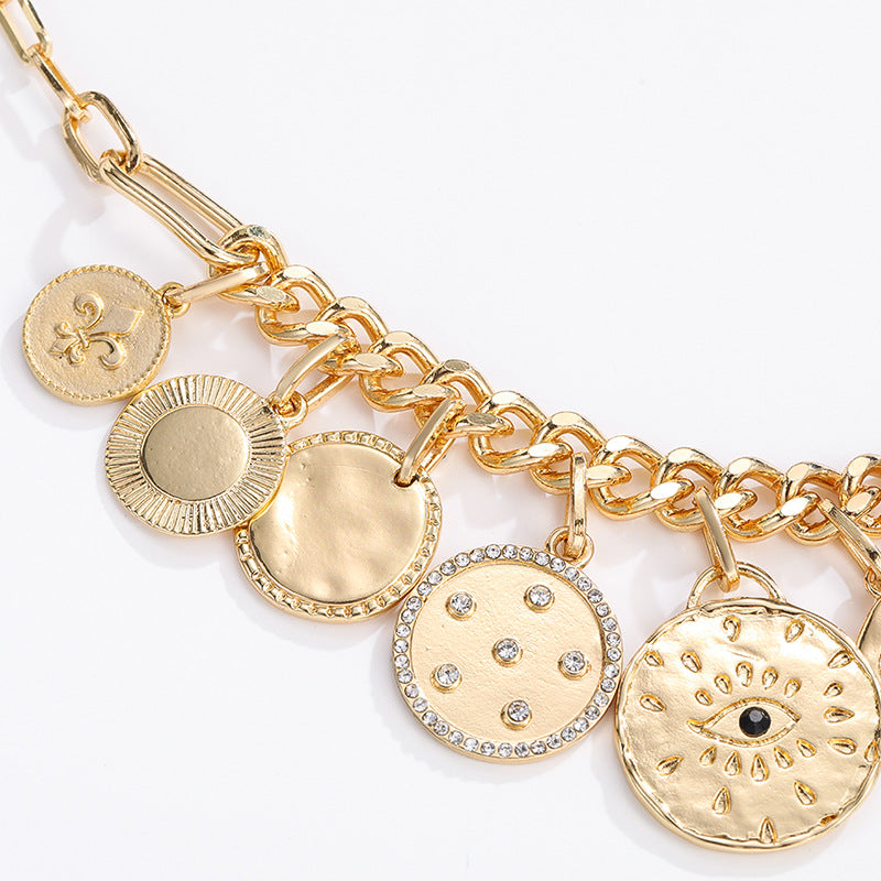 Wholesale Coin Inlaid Diamond Relief Alloy Necklaces