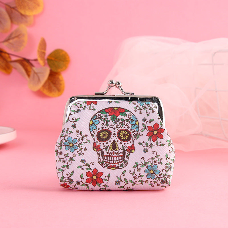 Wholesale Leather skull print iron buckle coin purse