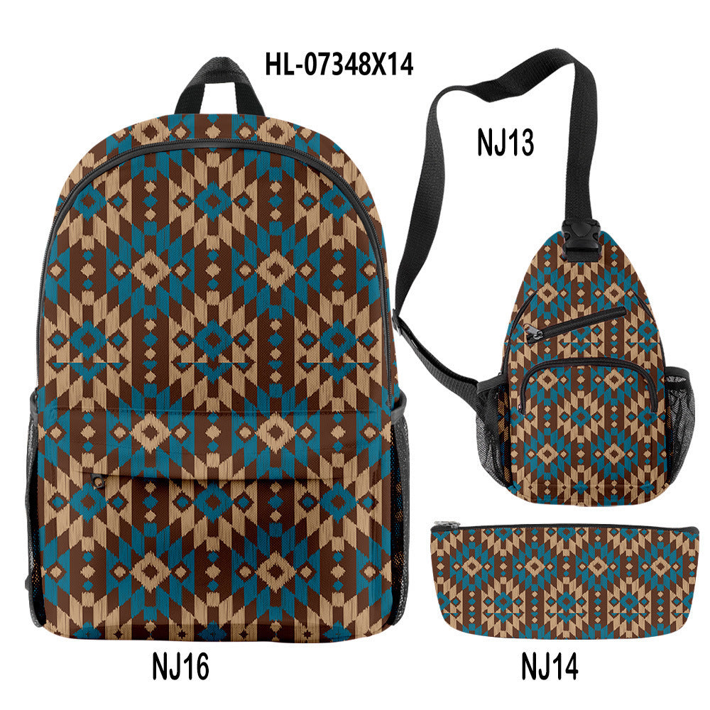 Wholesale Oxford Fabric Aztec Pattern Backpack Shoulder Bag Pencil Case Set