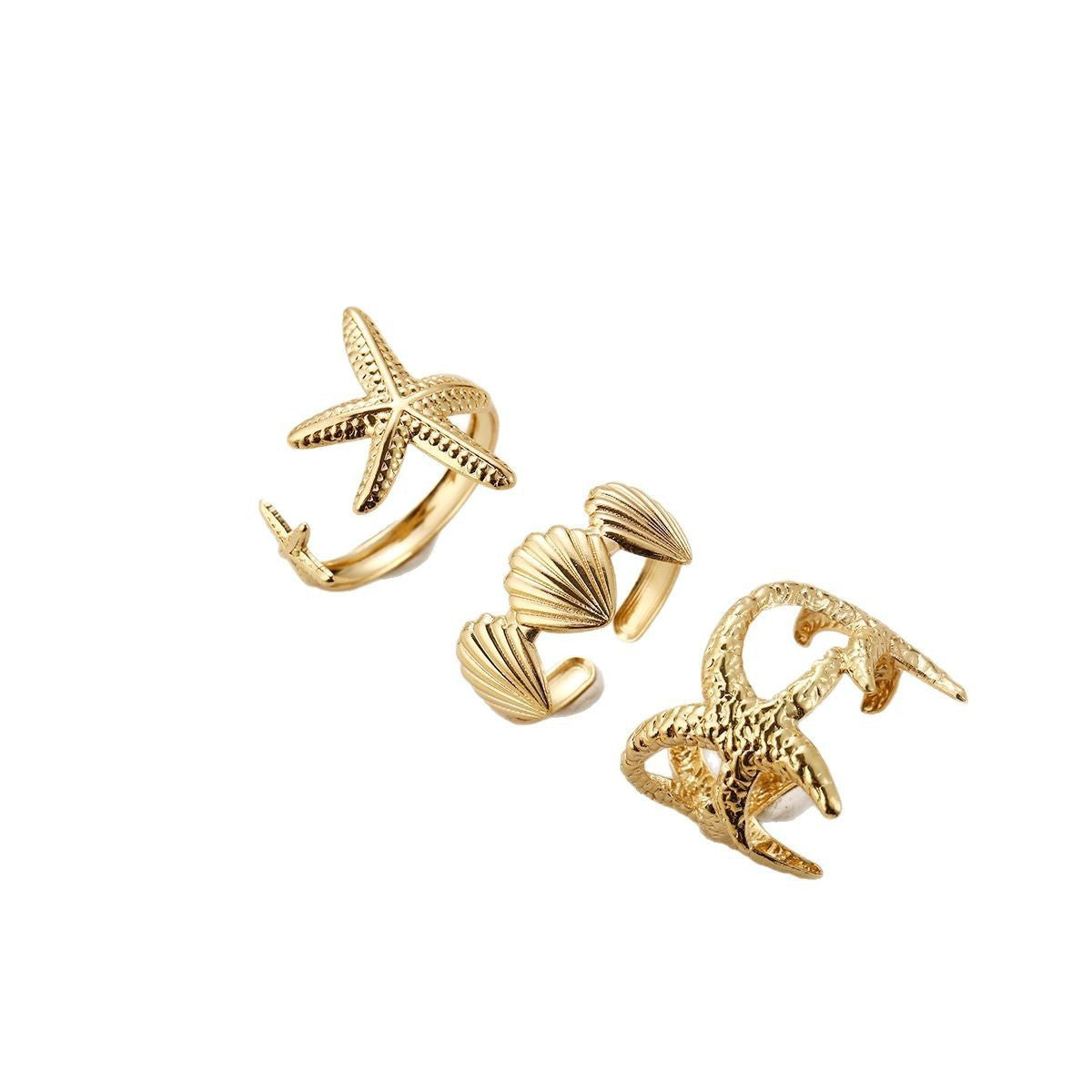 Wholesale Beach Style Starfish Shell Open Ring 3-Piece Set