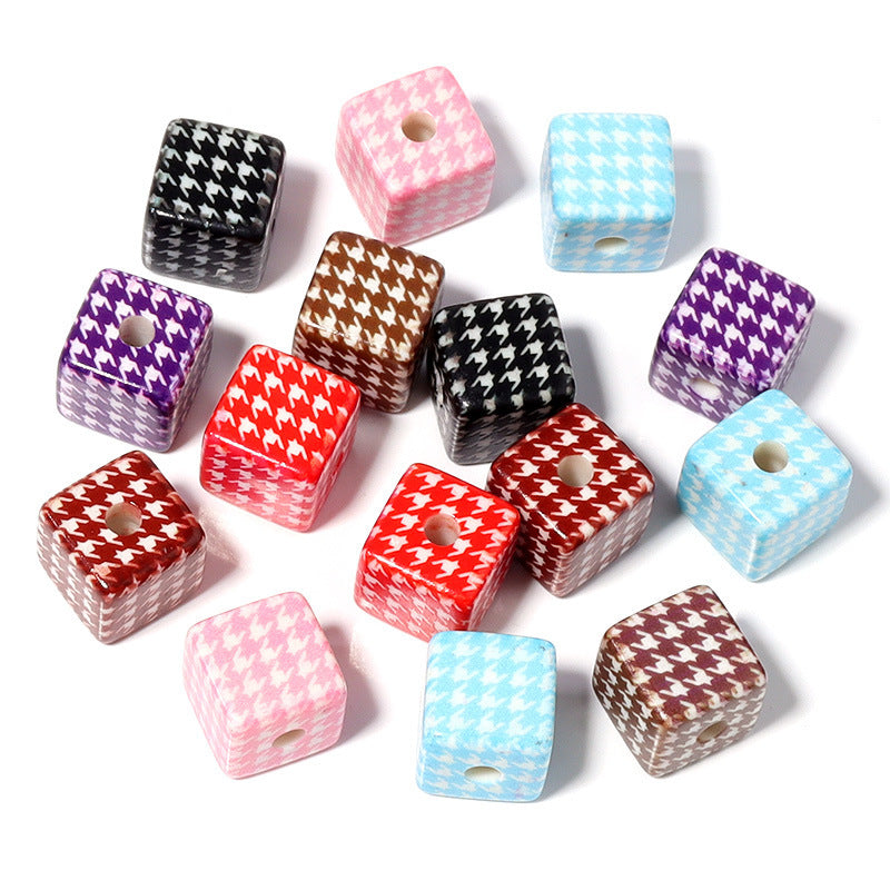Wholesale 10pcs/pack 14mm Acrylic Houndstooth Printing Square Beads