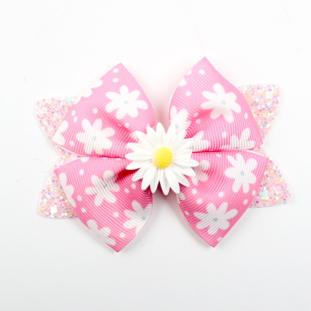 Wholesale 5pcs Shiny Boutique Bow Daisy Sunflower Print Hair Clip
