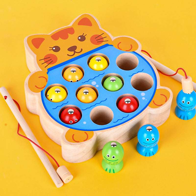 Wholesale Children's Early Education Kitten Fishing Children's Magnetic Fishing Rod Intelligence Development Focus Training Desktop Wooden Toys