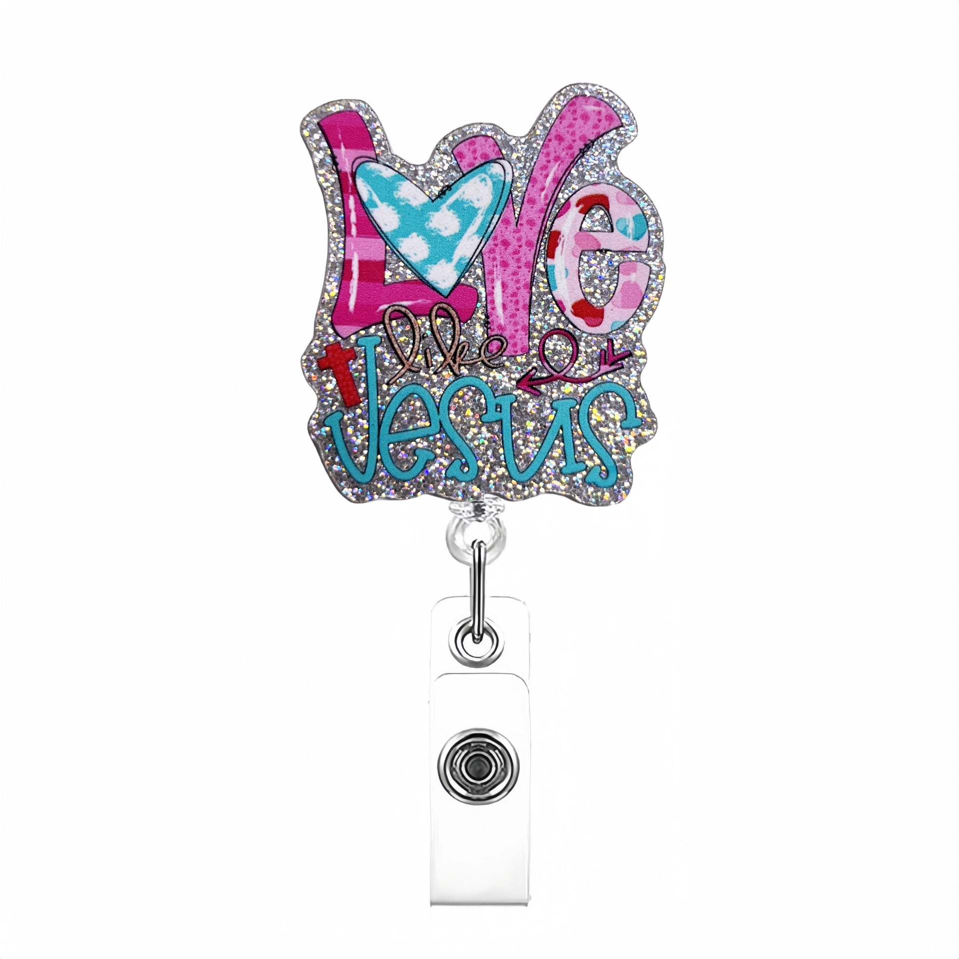 Wholesale Source New Creative Acrylic Glitter Medical Jesus Mother's Day Telescopic Badge Clip Easy Pull Buckle