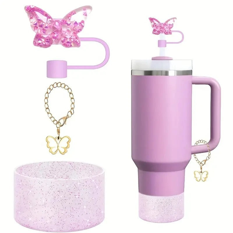 Wholesale Creative butterfly keychain 10mm straw cap glitter cup set accessories