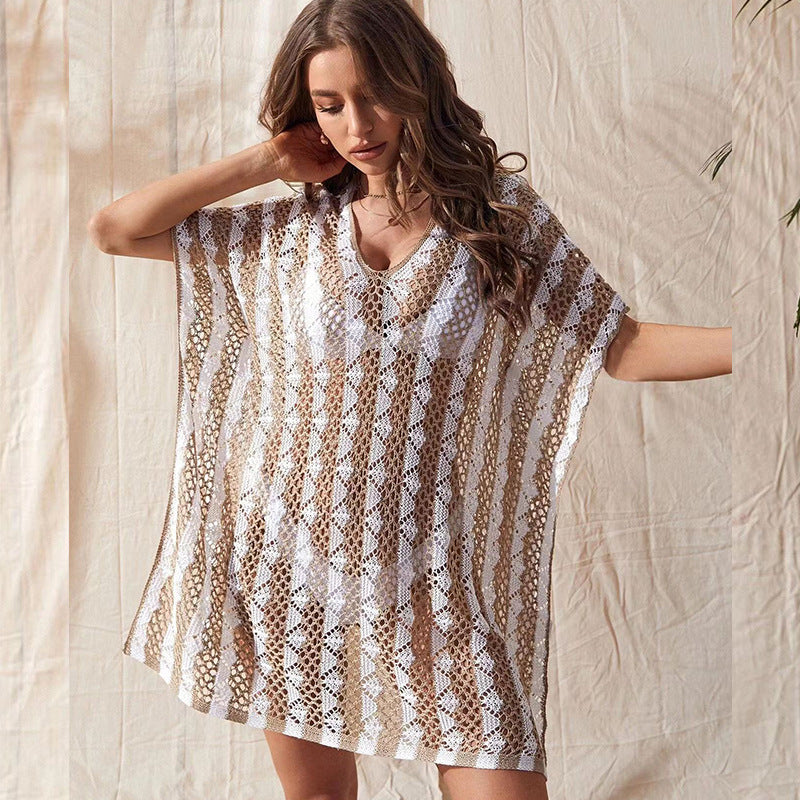 Wholesale Striped Sexy Knit Hollow Beach Cover Up