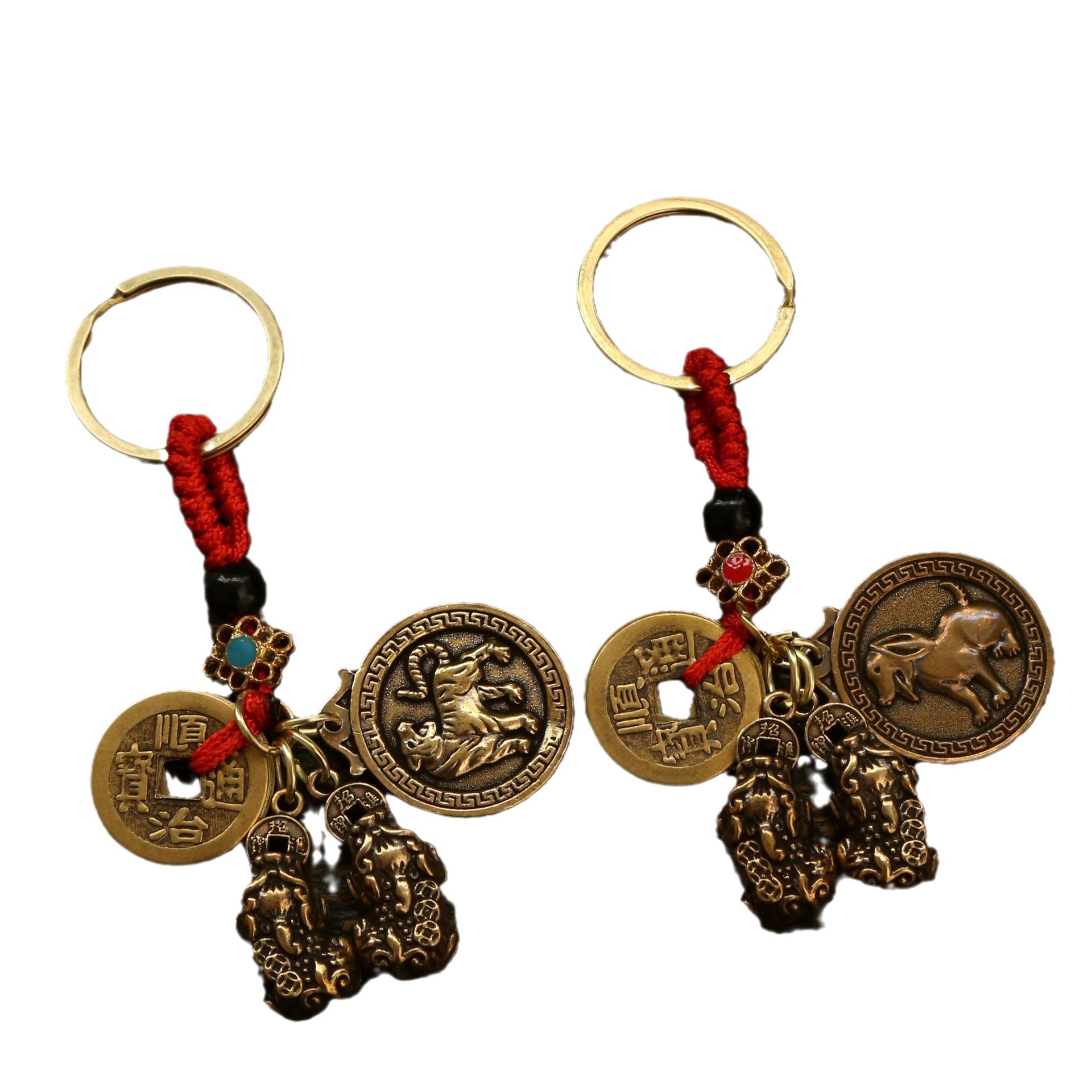 Wholesale Brass Zodiac Fu Brand Double Pixiu Red Rope Key Set