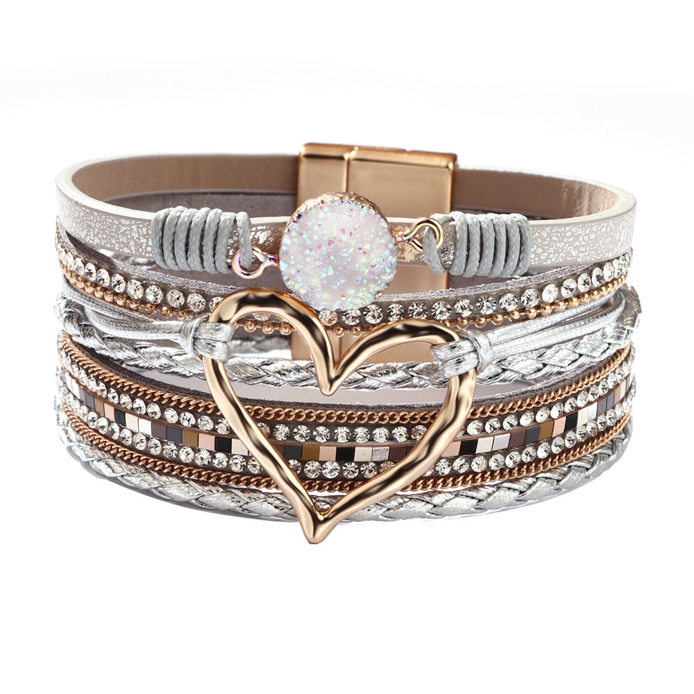Wholesale Bohemian Heart Rhinestone Magnetic Leather Bracelet
